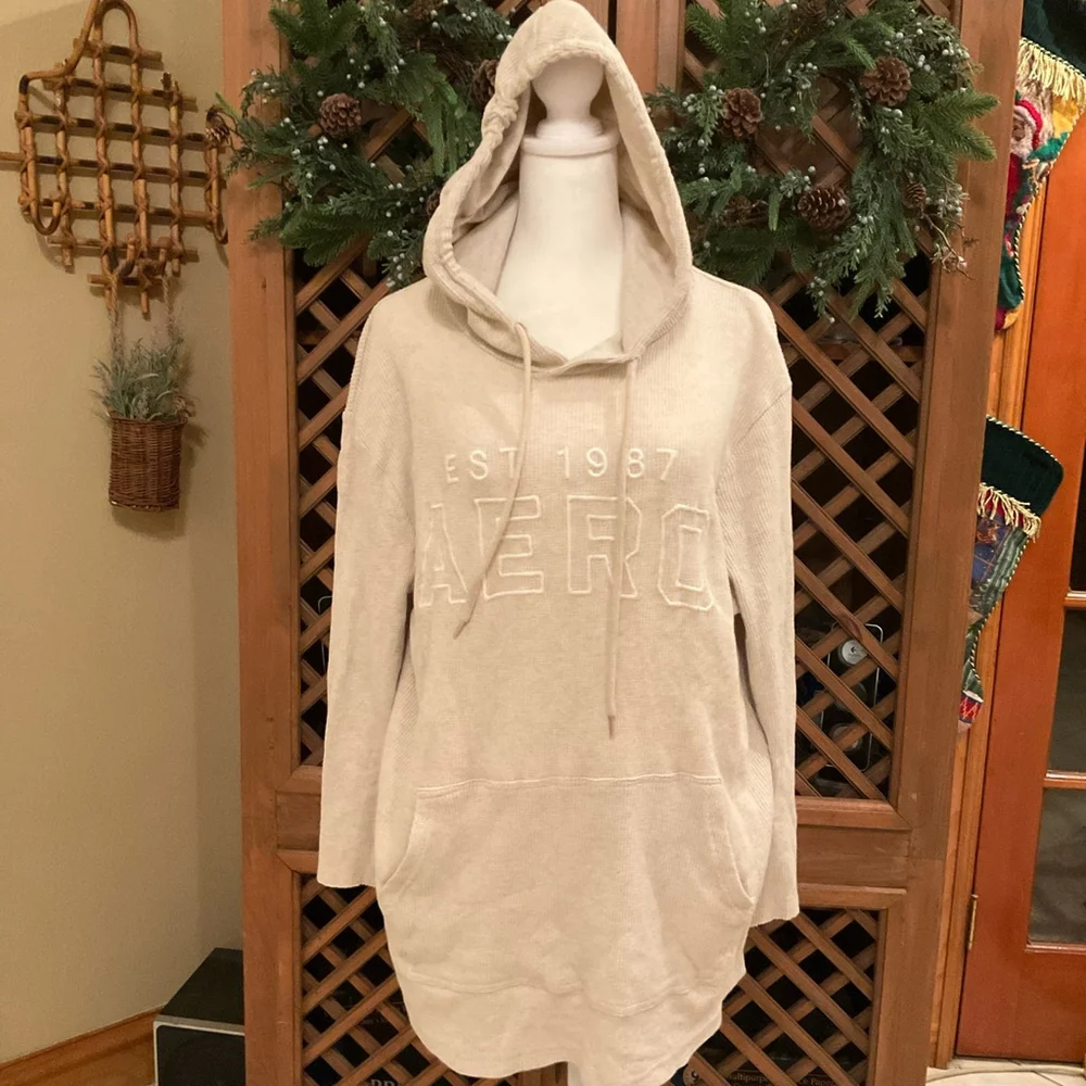 Aeropostale Beige Waffle Knit Thermal Hoodie Large Tunic